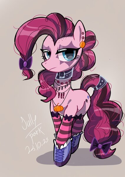 Size: 1240x1754 | Tagged: safe, artist:jully-park, derpibooru import, pinkie pie, bow, choker, clothes, ear piercing, earring, emo, frown, gothic pinkie, hair bow, image, jewelry, jpeg, necklace, piercing, pinkie pie is not amused, pumpkin, shoes, simple background, socks, striped socks, unamused