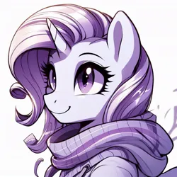 Size: 1024x1024 | Tagged: safe, derpibooru import, machine learning generated, rarity, ai content, clothes, generator:bing image creator, happy, image, jpeg, mane, pretty, prompter:evergreen, scarf, smiling, stylized, sweater