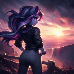 Size: 1024x1024 | Tagged: safe, derpibooru import, machine learning generated, starlight glimmer, anthro, human, ai content, arm band, ass, back, butt, canter girls, cliff, clothes, cloud, denim, dramatic lighting, dramatic pose, eyelashes, fence, from behind, generator:bing image creator, glimmer glutes, hair, hand on hip, hips, humanized, image, jacket, jeans, jpeg, leather, leather jacket, outdoors, pants, plot, pose, prompter:evergreen, rear view, scenery, sun, sunset, wind, windswept mane
