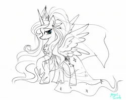 Size: 2048x1623 | Tagged: safe, artist:petaltwinkle, derpibooru import, princess luna, alicorn, pony, black and white, clothes, dress, female, grayscale, image, jpeg, lidded eyes, looking at you, mare, monochrome, partial color, simple background, smiling, smiling at you, solo, spread wings, white background, wings, wip
