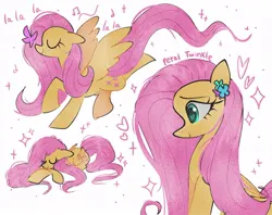 Size: 1024x811 | Tagged: safe, artist:petaltwinkle, derpibooru import, fluttershy, butterfly, insect, pegasus, pony, butterfly on nose, cute, eyes closed, floppy ears, heart, heart eyes, image, insect on nose, jpeg, lying down, music notes, prone, shyabetes, signature, simple background, sleeping, solo, sparkles, white background, wingding eyes