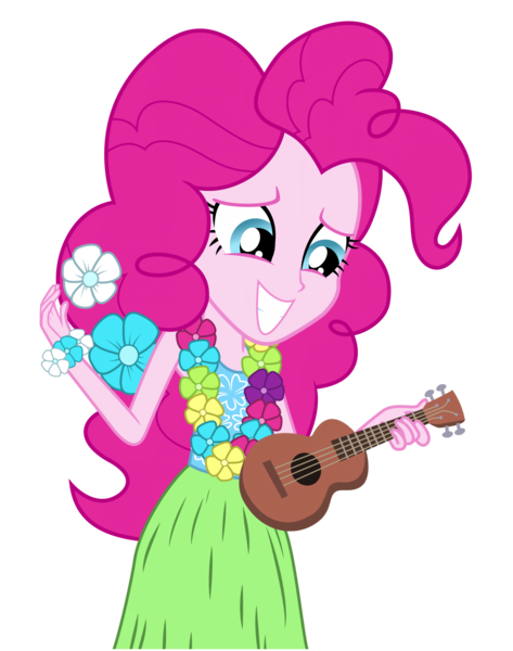 Size: 1588x2014 | Tagged: safe, artist:xprismatic, derpibooru import, pinkie pie, equestria girls, clothes, female, flower, flower in hair, grass skirt, hula, image, musical instrument, png, simple background, skirt, smiling, solo, transparent background, ukulele