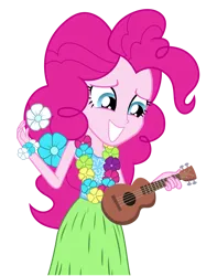 Size: 1588x2014 | Tagged: safe, artist:xprismatic, derpibooru import, pinkie pie, equestria girls, clothes, female, flower, flower in hair, grass skirt, hula, image, musical instrument, png, simple background, skirt, smiling, solo, transparent background, ukulele