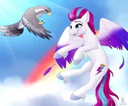 Size: 3000x2500 | Tagged: safe, artist:monsoonvisionz, derpibooru import, zipp storm, bird, pegasus, pony, g5, my little pony: a new generation, blushing, feather, flying, happy, high res, image, png, rainbow, smiling, spread wings, sternocleidomastoid, unshorn fetlocks, wings