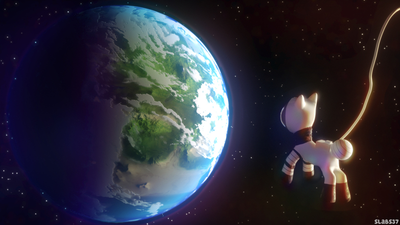 Size: 1920x1080 | Tagged: safe, artist:slabs37, derpibooru import, pony, 3d, astronaut, cloud, equestria, equus, floating, image, jpeg, planet, scenery, space, spacesuit, stars