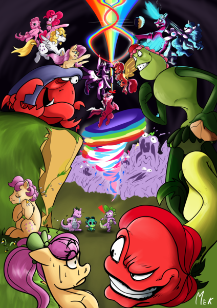 Size: 3508x4961 | Tagged: safe, artist:mekblue, derpibooru import, firefly, fluttershy, izzy moonbow, pinkie pie (g3), posey, rainbow dash, sparky sparkeroni, spike, spike (g1), sunny starscout, surprise, twilight sparkle, zipp storm, crab, g1, g3, g5, charging, clash of the generations, cross-generational, crying, evil grin, flower people, flower petals, food, g4, grin, hair pulling, image, jewelry, magic, magic of friendship, mlp fim's thirteenth anniversary, necklace, opaline arcana, past bag guys, pie, pie throwing, plants, png, posey (g1), rainbow tornado, rainbows, smiling, smoose (g1), sweat, tornado