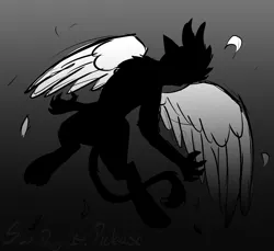 Size: 1500x1375 | Tagged: safe, artist:somber, derpibooru import, gryphon, feather, flying, image, inktober, inktober 2023, jpeg, male, solo