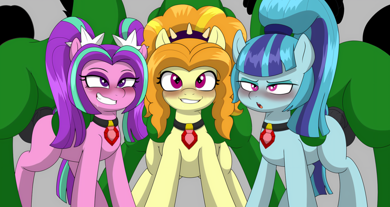 Size: 5610x2979 | Tagged: explicit, anonymous editor, artist:spakka5, derpibooru import, edit, adagio dazzle, aria blaze, sonata dusk, oc, oc:anon, oc:anon stallion, ponified, pony, /trash/, 4chan, ahegao, balls, blushing, collar, colored, disguise, disguised siren, drool, equestria girls ponified, grin, group sex, heart, heart eyes, image, looking pleasured, missing cutie mark, mounting, nudity, open mouth, penetration, penis, png, ponytail, sex, smiling, the dazzlings, tongue out, wingding eyes