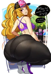 Size: 2059x3006 | Tagged: suggestive, artist:chigusa, derpibooru import, ponerpics import, ponybooru import, adagio dazzle, human, equestria girls, abstract background, adagio dat-azzle, baseball cap, butt, cap, clothes, cutie mark on human, dialogue, female, hat, huge butt, humanized, image, large butt, looking at you, looking back, looking back at you, panties, pants, png, see-through, shoes, sneakers, solo, solo female, squatting, the ass was fat, thighs, thought bubble, thunder thighs, tight clothing, twerking, underwear, wide hips, yoga pants