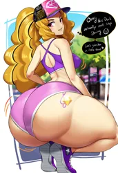 Size: 2059x3006 | Tagged: suggestive, artist:chigusa, derpibooru import, ponerpics import, ponybooru import, adagio dazzle, human, equestria girls, abstract background, adagio dat-azzle, baseball cap, butt, cap, clothes, cutie mark on human, dialogue, female, hat, hot pants, huge butt, humanized, image, large butt, looking at you, looking back, looking back at you, png, shoes, sneakers, solo, solo female, squatting, the ass was fat, thighs, thought bubble, thunder thighs, twerking, wide hips
