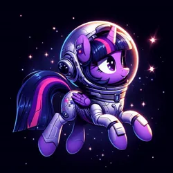 Size: 1261x1261 | Tagged: safe, derpibooru import, machine learning generated, twilight sparkle, twilight sparkle (alicorn), alicorn, pony, ai content, astronaut, female, folded wings, generator:bing image creator, generator:dall-e 3, image, jpeg, mare, solo, space, space helmet, spacesuit, tail, wings