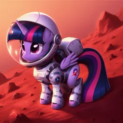 Size: 1261x1261 | Tagged: safe, derpibooru import, machine learning generated, twilight sparkle, twilight sparkle (alicorn), alicorn, pony, ai content, astronaut, female, folded wings, generator:bing image creator, generator:dall-e 3, image, jpeg, mare, rock, scenery, solo, space, space helmet, spacesuit, tail, wings