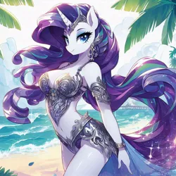 Size: 1024x1024 | Tagged: safe, artist:pianisti, derpibooru import, rarity, anthro, pony, ai content, armor, beach, belly button, crown, female, flowing mane, flowing tail, g4, gem, horn, image, jewelry, jpeg, looking at you, ocean, palm tree, regalia, smiling, smiling at you, solo, sparkles, tail, tree, walking, water