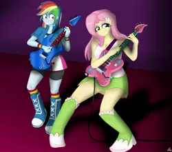 Size: 3693x3271 | Tagged: safe, artist:lennondash, derpibooru import, fluttershy, rainbow dash, butterfly, human, insect, equestria girls, boots, breasts, cleavage, clothes, compression shorts, eyeshadow, female, guitar, hairclip, image, jacket, jpeg, lidded eyes, makeup, musical instrument, shirt, shoes, skirt, sleeveless, smiling, wristband