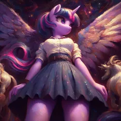 Size: 2048x2048 | Tagged: safe, derpibooru import, machine learning generated, twilight sparkle, twilight sparkle (alicorn), alicorn, anthro, ai content, blouse, clothes, image, png, skirt, solo