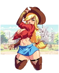 Size: 720x899 | Tagged: suggestive, artist:solfei, derpibooru import, applejack, human, barn, belly button, breasts, busty applejack, cleavage, clothes, cowboy hat, farm, female, freckles, front knot midriff, hair over one eye, hat, humanized, image, midriff, miniskirt, png, skirt, solo, solo female