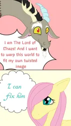 Size: 720x1280 | Tagged: safe, artist:craftywolf, derpibooru import, discord, fluttershy, keep calm and flutter on, #cringetober, #cringetober2023, antlers, comic, cringetober, cringetober2023, hoers, i can fix him, image, jpeg, pink background, reformation, reformed, simple background, thought bubble, yellow background