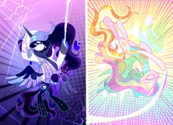 Size: 7459x5400 | Tagged: safe, artist:mariakarpova123, derpibooru import, princess celestia, princess luna, oc, unofficial characters only, alicorn, pony, absurd resolution, alternate hairstyle, clothes, duo, female, hoodie, image, mare, marvel, mask, png, royal sisters, siblings, sisters, spider web, spider-man, spider-man: across the spider-verse, spider-sona, swinging, upside down