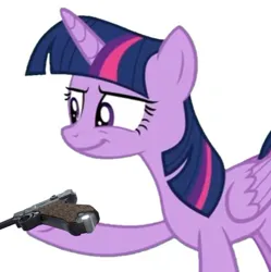 Size: 505x507 | Tagged: safe, derpibooru import, twilight sparkle, twilight sparkle (alicorn), alicorn, gun, image, jpeg, luger, meme, no context, simple background, weapon, white background