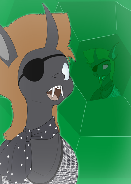 Size: 2560x3600 | Tagged: safe, artist:vulapa, derpibooru import, oc, oc:coxa, unofficial characters only, changeling, changeling oc, clothes, david bowie, eyepatch, fangs, image, kerchief, open mouth, png, reference in the description, wig