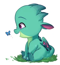 Size: 1305x1408 | Tagged: safe, artist:maren, derpibooru import, sparky sparkeroni, butterfly, dragon, insect, g5, baby, baby dragon, cute, image, male, png, simple background, sparkybetes, white background