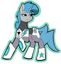 Size: 3359x3501 | Tagged: safe, artist:thechimerasden, derpibooru import, oc, oc:tango starfall, unofficial characters only, pony, unicorn, armor, blue hair, blue tail, female, gray coat, horn, image, mare, png, power armor, science fiction, simple background, smiling, solo, tail, transparent background