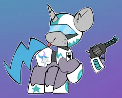 Size: 4500x3600 | Tagged: safe, artist:moonydusk, derpibooru import, oc, oc:tango starfall, unofficial characters only, pony, unicorn, armor, blue tail, cute, female, gradient background, gray coat, gun, handgun, helmet, horn, image, laser gun, mare, pistol, png, power armor, science fiction, smiling, solo, tail, visor, weapon