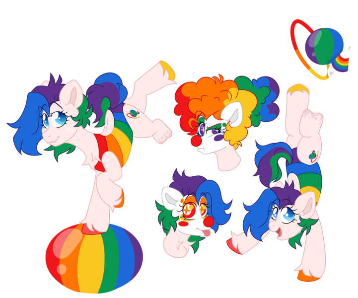 Size: 6183x5142 | Tagged: safe, artist:crazysketch101, derpibooru import, earth pony, pony, amputee, ball, clothes, clown, clown makeup, clown nose, contact lens, image, leotard, multicolored hair, png, rainbow hair, red nose, unshorn fetlocks, wig