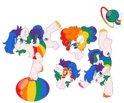 Size: 6183x5142 | Tagged: safe, artist:crazysketch101, derpibooru import, earth pony, pony, amputee, ball, clothes, clown, clown makeup, clown nose, contact lens, image, leotard, multicolored hair, png, rainbow hair, red nose, unshorn fetlocks, wig