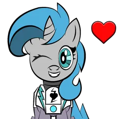 Size: 1772x1716 | Tagged: safe, artist:vareb, derpibooru import, oc, oc:tango starfall, unofficial characters only, pony, unicorn, armor, armored pony, blue eyes, blue hair, blue mane, blue tail, female, flirting, heart, image, mare, one eye closed, png, power armor, simple background, smiling, solo, tail, transparent background, wink