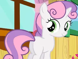 Size: 716x545 | Tagged: safe, derpibooru import, screencap, sweetie belle, pony, unicorn, butt, cute, diasweetes, female, filly, foal, happy, image, looking back, png, smiling, solo, sweetie butt