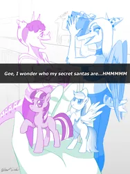 Size: 3024x4032 | Tagged: safe, artist:heartsick746, derpibooru import, rainbow dash, twilight sparkle, anthro, dinosaur, human, pterodactyl, pterosaur, triceratops, anon (snoot game), christmas, claws, clothes, denim, elbow feathers, fang (goodbye volcano high), feathered wings, fingers, freckles, goodbye volcano high, halter top, high res, holiday, hoodie, image, indoors, jeans, leggings, long tail, monochrome, pants, png, present, short tail, signature, snoot, snoot game, tail, tail wag, toy, trish (goodbye volcano high), wings