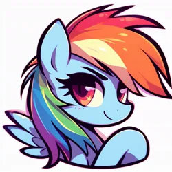 Size: 1024x1024 | Tagged: safe, derpibooru import, machine learning generated, rainbow dash, pegasus, pony, ai content, colored, confident, crossed arms, cute, dashabetes, eyebrows, female, freckles, generator:bing image creator, image, jpeg, looking at you, mane, mare, profile, prompter:evergreen, simple background, sly, smiling, smiling at you, smirk, solo, spread wings, white background, wings