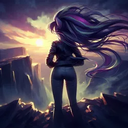 Size: 1024x1024 | Tagged: safe, derpibooru import, machine learning generated, starlight glimmer, anthro, human, equestria girls, ai content, ass, butt, canyon, cliff, clothes, cloud, denim, dramatic lighting, dramatic pose, generator:bing image creator, humanized, image, jacket, jeans, jpeg, leather, leather jacket, lighting, nature, outdoors, overcast, pants, plot, prompter:evergreen, scenery, sexy, sunset, wind, windswept hair, windswept mane