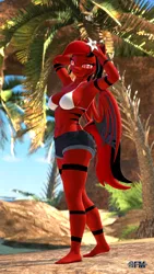 Size: 1080x1920 | Tagged: suggestive, artist:anthroponiessfm, derpibooru import, lily, lily valley, oc, anthro, bat pony, plantigrade anthro, 3d, anthro oc, arm behind head, barefoot, bat pony oc, bat wings, beach, bikini, bikini top, clothes, cute, feet, female, image, looking at you, png, shorts, solo, solo female, source filmmaker, swimsuit, wings