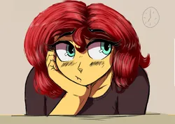 Size: 4000x2854 | Tagged: source needed, useless source url, safe, artist:to_fat_to_fly, sunset shimmer, equestria girls, bored, clock, clothes, eye clipping through hair, eyebrows visible through hair, female, hand on head, image, looking sideways, png, shirt, solo