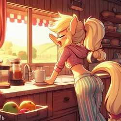 Size: 1024x1024 | Tagged: safe, derpibooru import, machine learning generated, applejack, anthro, earth pony, human, equestria girls, ai content, apple, applebutt, ass, butt, cabinet, clothes, coffee, coffee mug, curvy, cute, eyes closed, farm, fit, food, generator:bing image creator, hoodie, humanized, image, jpeg, kitchen, midriff, morning, mug, open mouth, pajamas, pants, plot, ponified humanized pony, ponytail, pretty, prompter:evergreen, sink, sleepy, sun, sunlight, sweet apple acres, tail, thin, tired, window, yawn