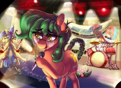 Size: 4096x2969 | Tagged: safe, artist:to_fat_to_fly, oc, oc:fair flyer, oc:matinée, oc:morning mimosa, oc:soirée, unofficial characters only, earth pony, pegasus, pony, dock, drums, eyeshadow, female, folded wings, frog (hoof), glasses, guitar, hat, hoof hold, image, jpeg, makeup, mare, mare fair, mare fair 2023, microphone, music notes, musical instrument, playing instrument, singing, snowpity inc., stage, sun hat, treble clef, underhoof, wings