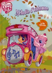 Size: 521x722 | Tagged: safe, derpibooru import, official, pinkie pie (g3), scootaloo (g3), earth pony, pony, g3, autumn, bus, french, g3.5, image, jpeg, leaf, my little pony logo, panini