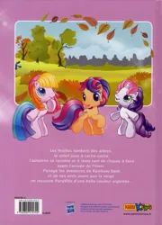 Size: 521x722 | Tagged: safe, derpibooru import, official, cheerilee (g3), scootaloo (g3), sweetie belle (g3), earth pony, pony, g3, autumn, french, g3.5, image, jpeg, leaf, my little pony logo, panini