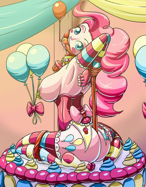 Size: 1280x1638 | Tagged: questionable, artist:hitori09, derpibooru import, pinkie pie, human, equestria girls, balloonbutt, bdsm, bondage, breasts, busty pinkie pie, butt, cake, clothes, collar, corset, crotch rope, cupcake, cutie mark, cutie mark on equestria girl, drool, evening gloves, femsub, fingerless elbow gloves, fingerless gloves, food, gag, gloves, happy, happy bondage, image, jpeg, knee tied, leather, long gloves, looking at you, looking back, looking back at you, nipple piercing, nipples, nudity, piercing, pinkiesub, ring gag, rope, socks, stockings, submissive, thigh highs, tongue out, tongue piercing, wings