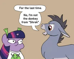 Size: 1250x1000 | Tagged: safe, artist:potes, ponerpics import, twilight sparkle, oc, donkey, pony, unicorn, clothes, dialogue, female, horn, image, jpeg, male, mare, pale belly, shirt, shrek, simple background, twiggie