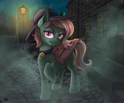 Size: 3000x2500 | Tagged: safe, artist:potes, ponerpics import, oc, unofficial characters only, bat pony, pony, bat wings, bell, bell collar, cobblestone street, collar, fangs, female, folded wings, hat, image, jpeg, lidded eyes, looking at you, mare, mist, night, raised hoof, slit pupils, solo, streetlight, wings