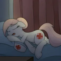 Size: 4000x4000 | Tagged: safe, artist:datte-before-dawn, ponerpics import, nurse redheart, earth pony, pony, bed, female, hat, image, jpeg, mare, nurse hat, open mouth, pillow, sleeping, solo, underhoof