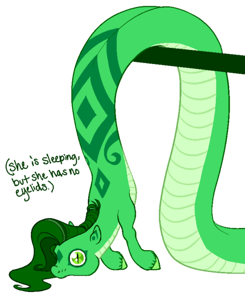 Size: 697x847 | Tagged: safe, artist:wtfponytime, derpibooru import, oc, oc:emerald ribbon, original species, pony, snake, snake pony, flop, image, png, sleeping, solo, text, unshorn fetlocks