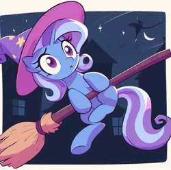 Size: 1019x1010 | Tagged: safe, derpibooru import, machine learning generated, trixie, ai content, broom, clothes, generator:dall-e 3, hat, image, jpeg, prompter:lostbrony, trixie's hat
