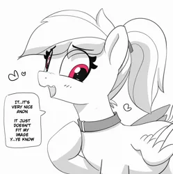 Size: 2853x2861 | Tagged: safe, artist:pabbley, derpibooru import, rainbow dash, pegasus, pony, alternate hairstyle, blush lines, blushing, collar, dialogue, embarrassed, eye clipping through hair, eyebrows, eyebrows visible through hair, female, floating heart, grayscale, heart, high res, image, implied anon, jpeg, mare, monochrome, partial color, ponytail, simple background, solo, speech bubble, white background