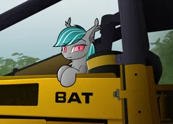 Size: 2400x1727 | Tagged: safe, artist:andaluce, derpibooru import, oc, oc:malachite cluster, bat pony, pony, chest fluff, image, looking at you, machinery, png, solo