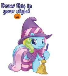 Size: 425x477 | Tagged: safe, derpibooru import, rainbow dash (g3), earth pony, pony, g3, bow, broom, clothes, draw this in your style, dtiys rainbowitch, g3.5, hat, image, jpeg, looking at you, rainbow dash always dresses in style, simple background, socks, solo, white background, witch costume, witch hat