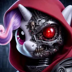Size: 1024x1024 | Tagged: safe, derpibooru import, machine learning generated, sweetie belle, cyborg, pony, robot, unicorn, adeptus mechanicus, ai content, bust, crossover, from the moment i understood the weakness of my flesh, generator:bing image creator, hood, image, jpeg, meme, portrait, sweetie bot, warhammer (game), warhammer 40k